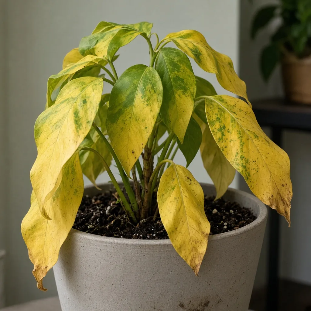 Planta em vaso com folhas amarelando. Imagem ilustrativa