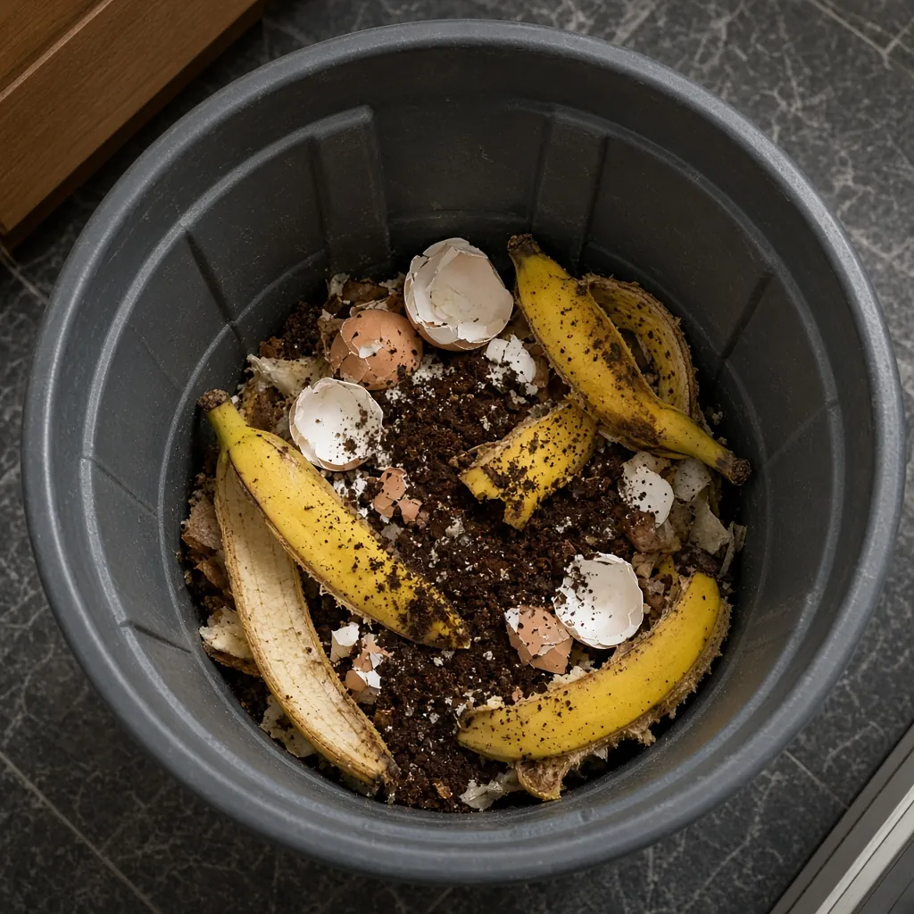 Lixeira com cascas de banana, cascas de ovo e borra de café. Imagem ilustrativa