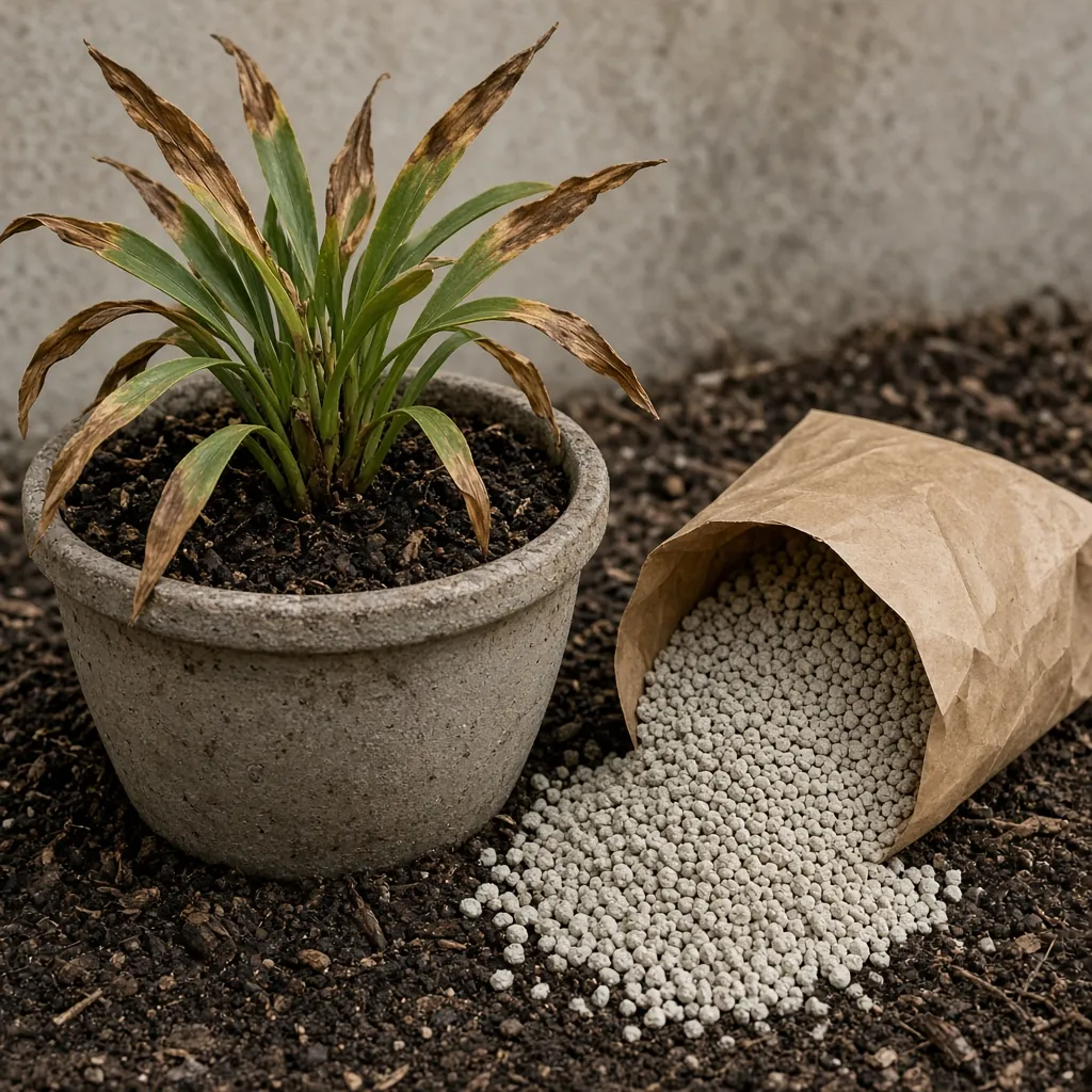 Planta com pontas das folhas queimadas ao lado de um saco de adubo granulado. Imagem ilustrativa