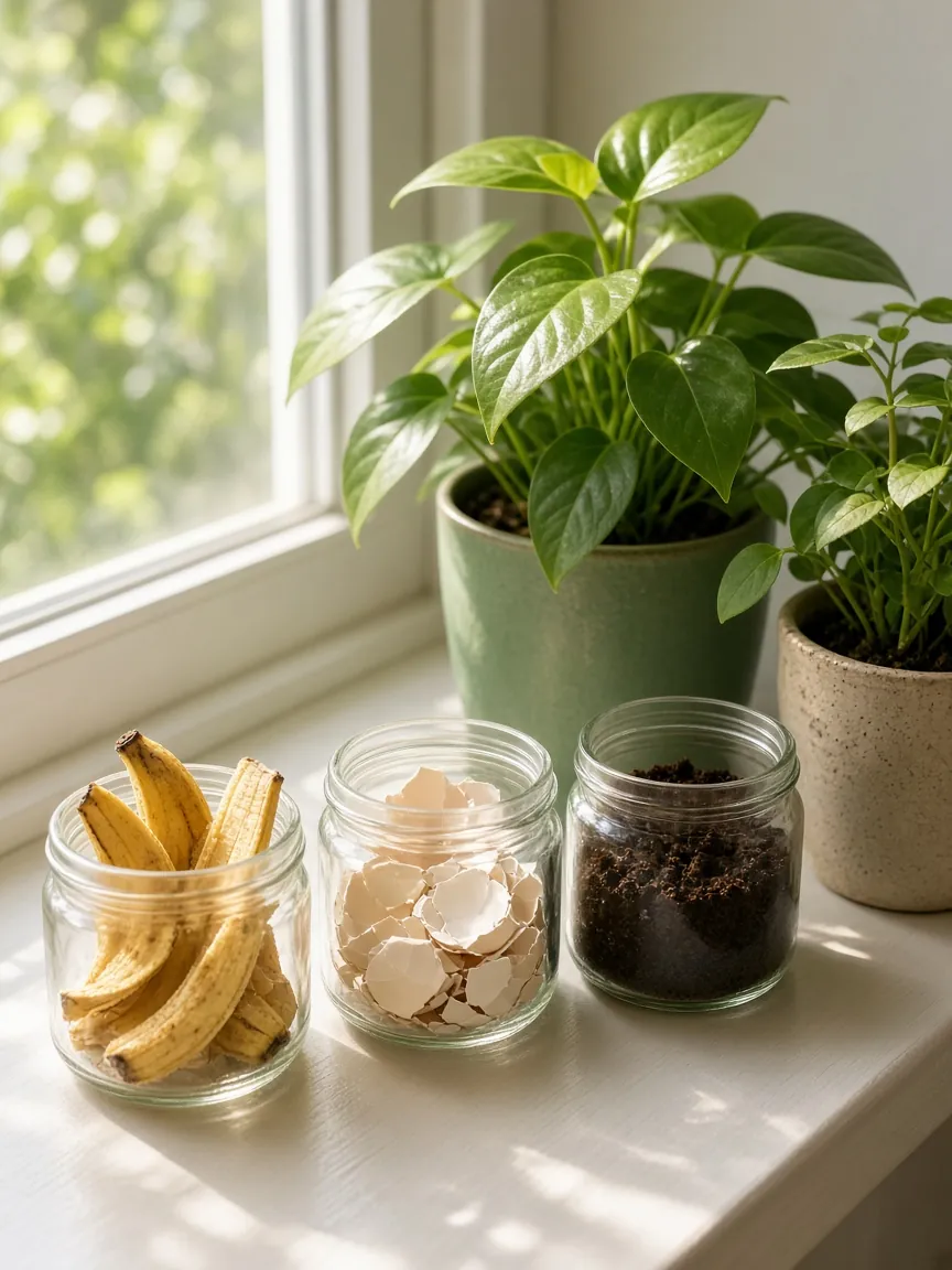 Vasos com plantas verdes na janela, ao lado de potes com casca de banana, casca de ovo e borra de café. Imagem ilustrativa