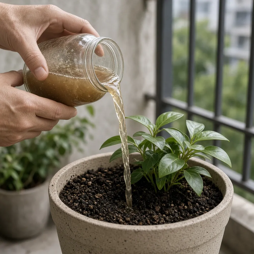 Mãos despejando adubo líquido na terra de um vaso. Imagem ilustrativa