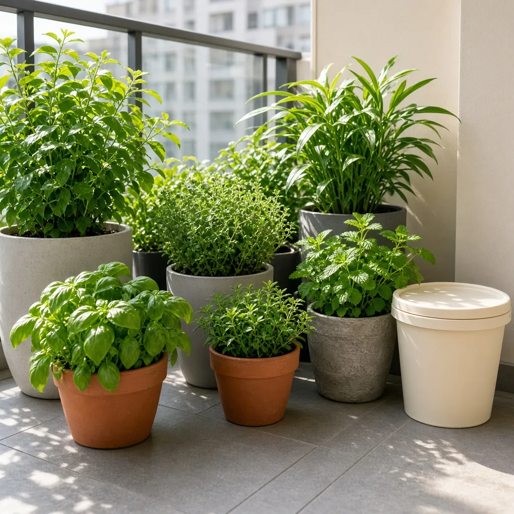 Vasos de plantas e ervas numa varanda, com um balde com tampa no canto. Imagem ilustrativa